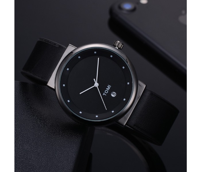 Tomi TM-0911 Maglo Faxes Genuine Quality Leather Band Wrist Watch for Unisex Black - Zoom Image