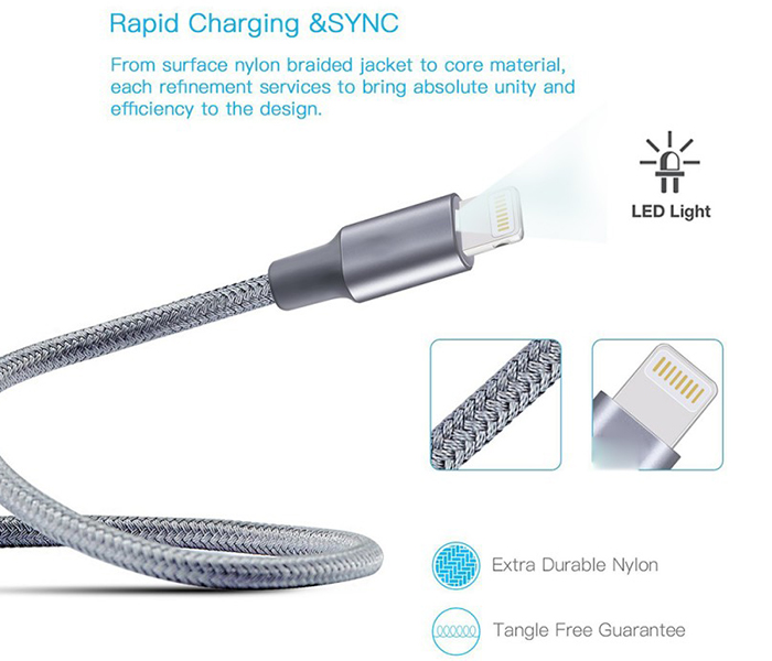 Trands TR-CA3061 1 Meter LED Torch Lightning Nylon Braided Cable - Grey - Zoom Image 3