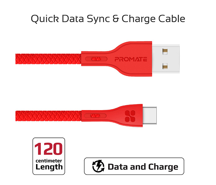 Promate Powerbeam-C USB to USB Type C Fast Charging Cable with Over-Current Protection - 1.2 Metre, Red - Zoom Image 1