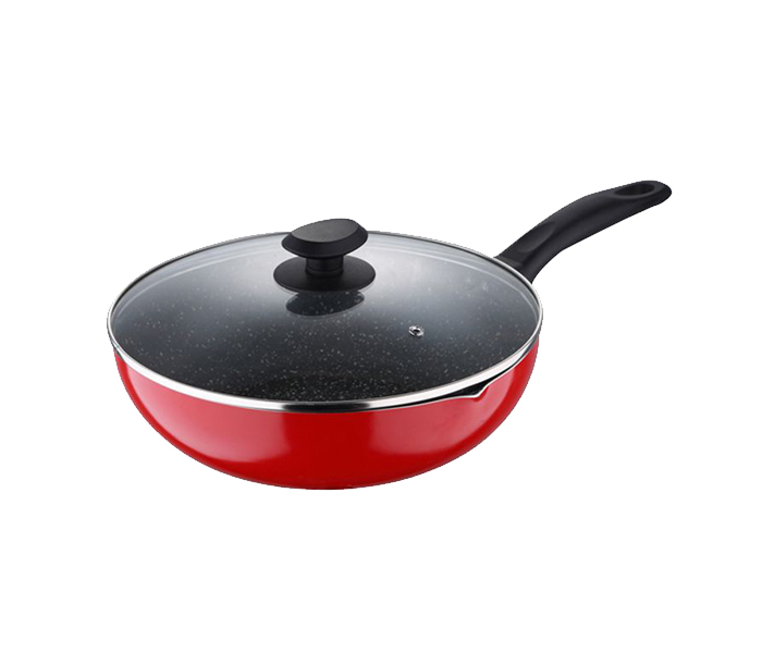 Royalford RF8514 26Cm Long Handle Non Stick Wokpan with Glass Lid - Red - Zoom Image