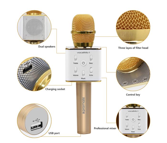 Promate VocalMic-1 Portable Wireless Bluetooth Microphone with Karaoke Player, Gold - Zoom Image 3