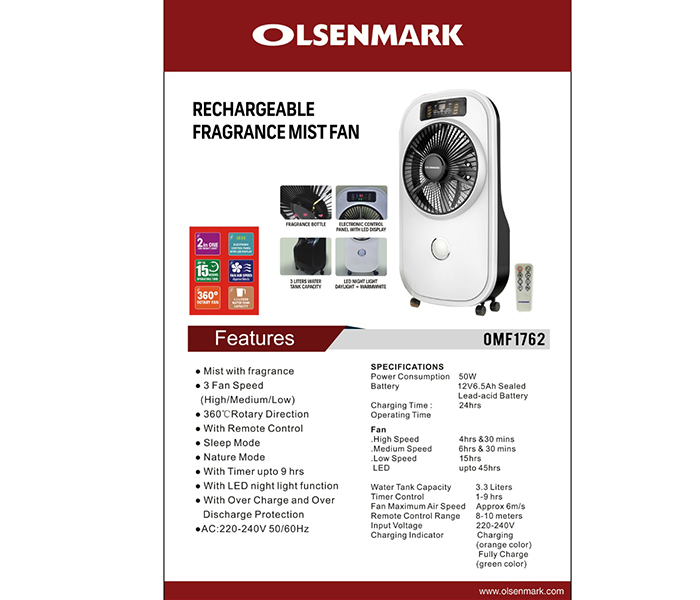 Olsenmark OMF1762 Rechargeable Emergency Fragrance Mist Fan - Zoom Image 5