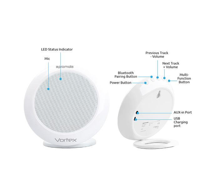 Promate Vortex Portable Bluetooth Wireless Speaker with Handsfree - White - Zoom Image 4