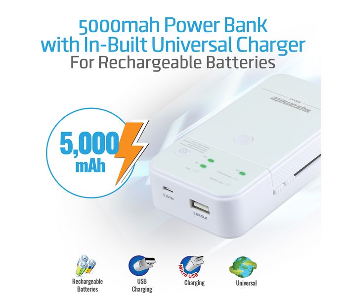 Promate Moxi 5000 mAh Portable Charger Power Bank with Rechargeable Batteries, White - Zoom Image 1