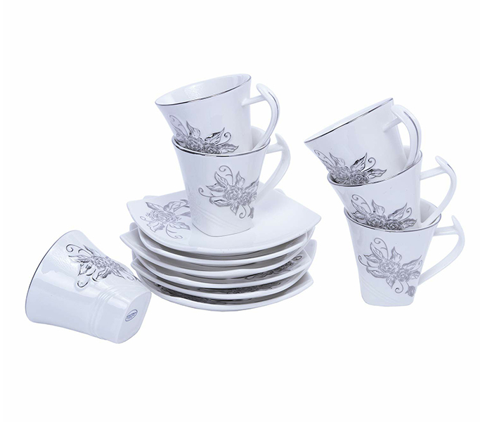 Royalford RF5726 12 Pieces Porcelain Cup & Saucer - White & Silver - Zoom Image 7