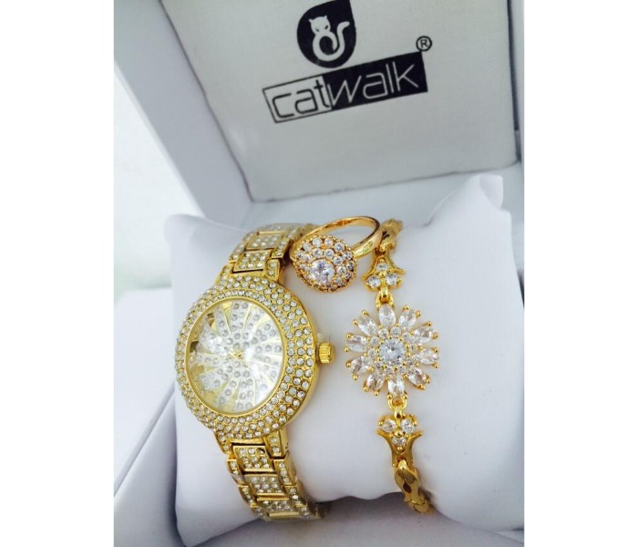 Catwalk CW-600P Genuine Quality Fashionable Cz Womens Watch with Beauty Bracelet and Ring Gold - Zoom Image