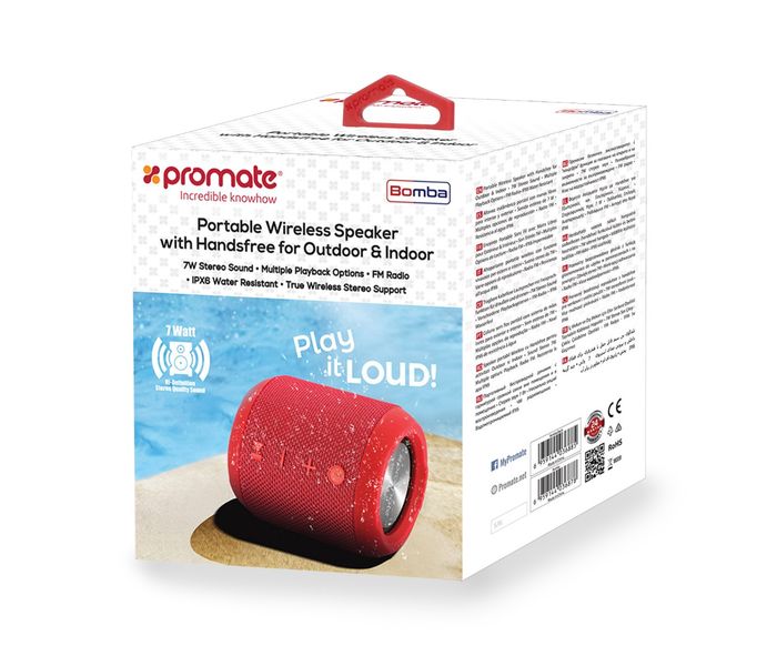 Promate Bomba Portable Wireless Speaker with Handsfree for Outdoor & Indoor - Red - Zoom Image 8