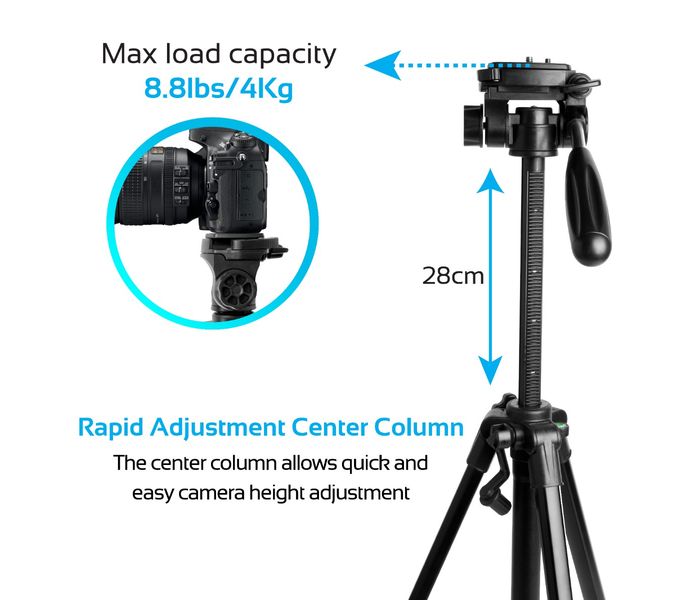 Promate Precise-140 3-Section Aluminum Alloy Tripod with Rapid Adjustment Central Balance, Black - Zoom Image 2