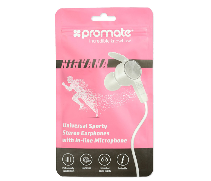 Promate Nirvana Universal Sporty Stereo Earphones with Inline Mic - White - Zoom Image 4