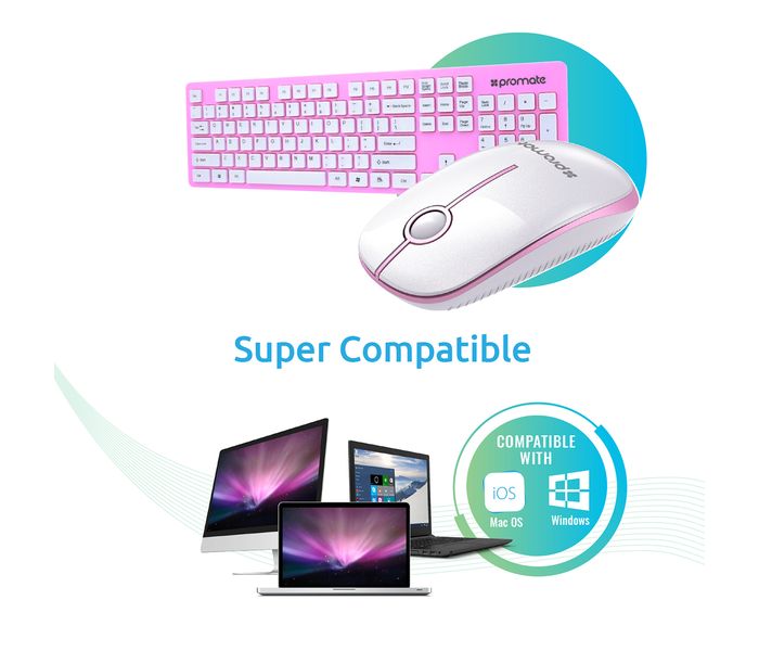 Promate Keymate-2 2.4Ghz Ultra-Slim Arabic Wireless Keyboard and Mouse, Pink - Zoom Image 4