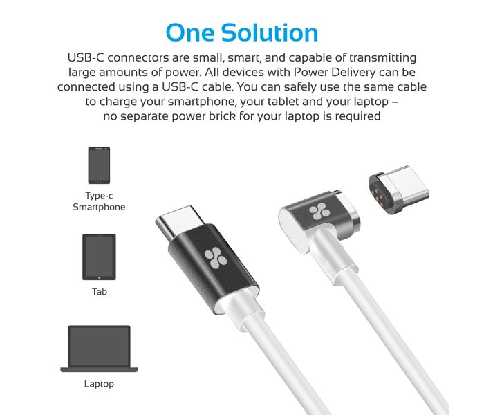 Promate MagLink-C USB-C to USB-C Magnetic Break Safe Charging Cable with Power Delivery - White - Zoom Image 1