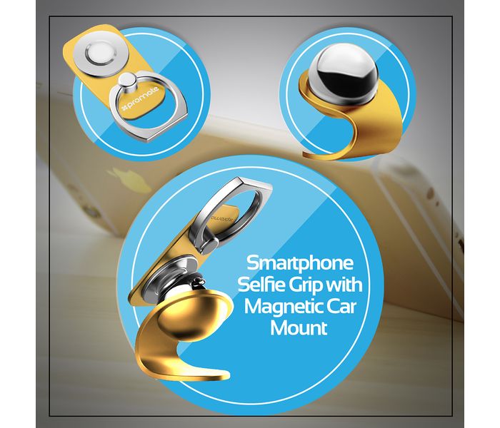 Promate RingMount 2 in 1 Phone Ring & Car Mount Holder with Stand for All Mobile Phones - Gold - Zoom Image 1