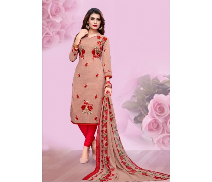 Ziyata Collections ZY9011 Unstitched Crepe Churidar Red and Brown - Zoom Image