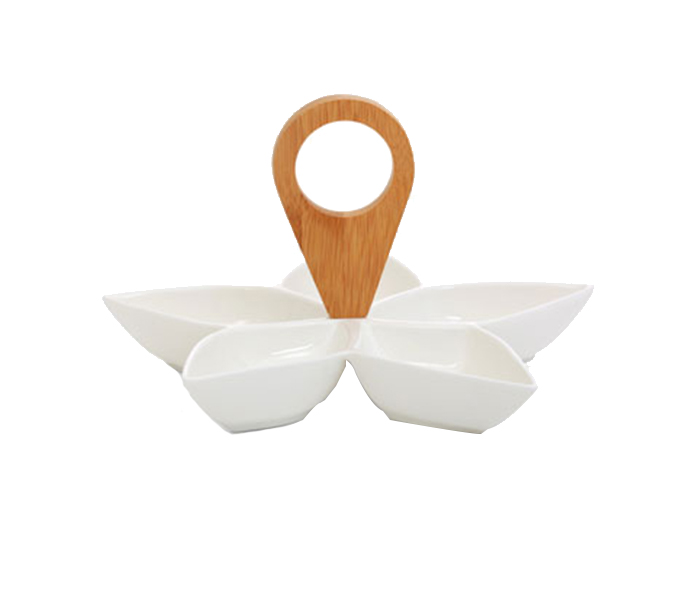 Royalford RF7688 11.5-inch Porcelain 5 Assorted Dish Bowl with Wooden Handle - White - Zoom Image