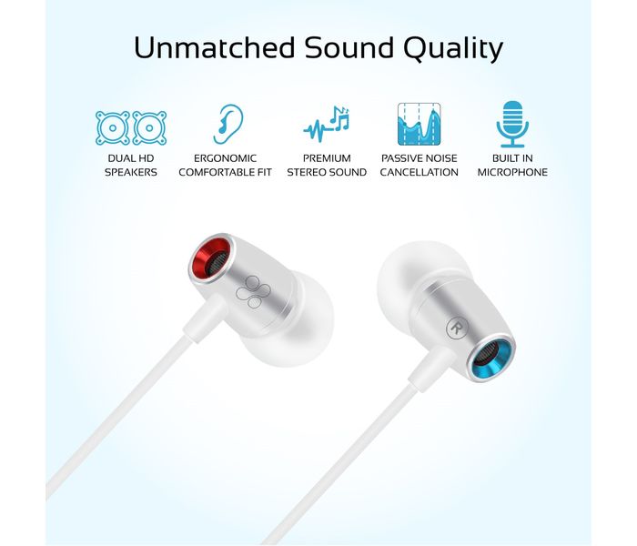 Promate Tunebuds-1 Dynamic In-Ear Stereo Earphones with In-Line Microphone, White - Zoom Image 2