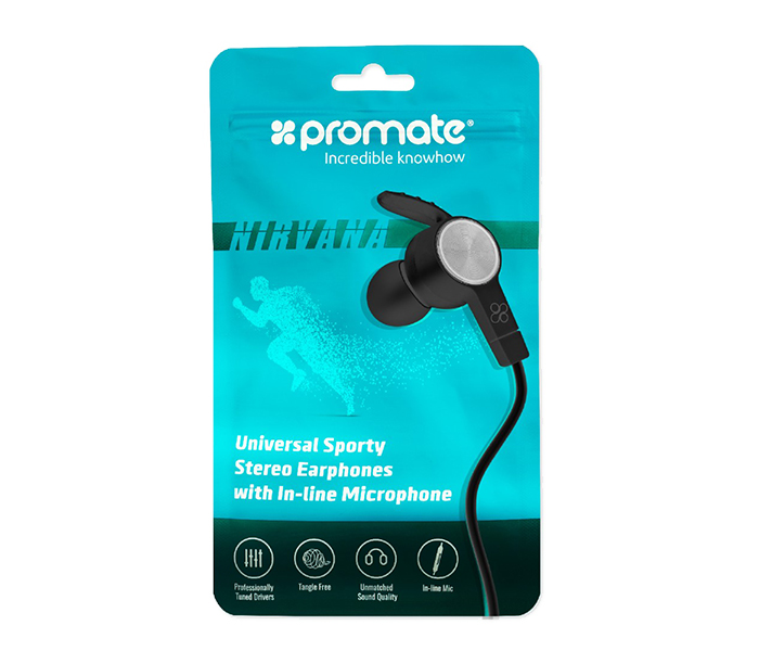 Promate Nirvana Universal Sporty Stereo Earphones with Inline Mic - Black - Zoom Image 4