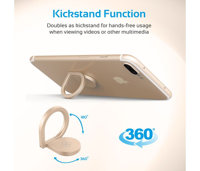 Promate GripMate-2 Ultra Slim Universal Multifunctional Mobile Grip Finger Ring Stand with Secure KickStand, Gold - Zoom Image 1