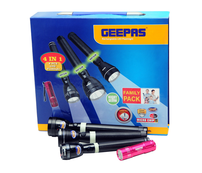 Geepas GFL4601 4 Piece Rechargeable LED Family Pack Torch Set - Black - Zoom Image