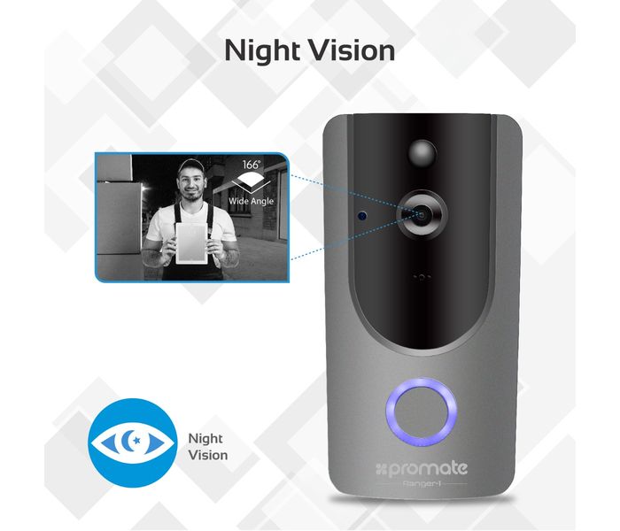 Promate Ranger-1 Wireless 166 Degree Wide Angle HD Camera Wi-Fi Video Doorbell, Grey - Zoom Image 3