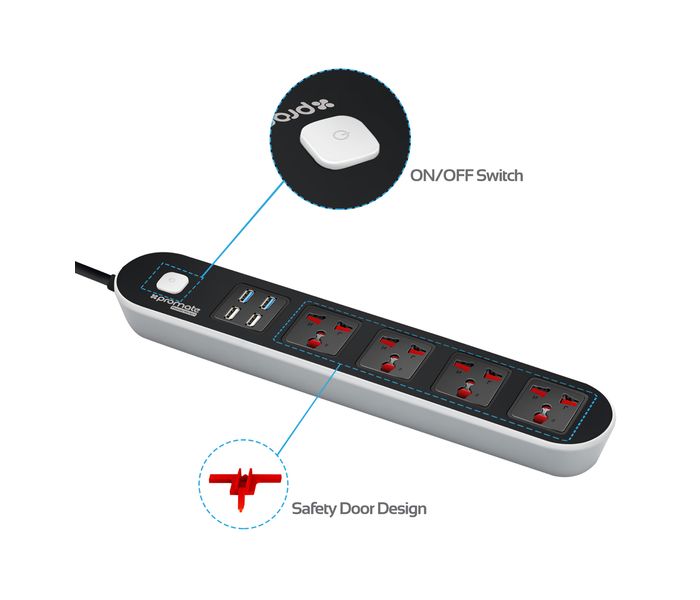 Promate PowerStrip-1.UK Universal 4 Way Outlets Power Extension with 4 USB Ports & Surge Protector Power Socket, Black - Zoom Image 3