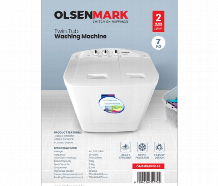Olsenmark Omswm5504-8K Semi Automatic Washing Machine - White - Zoom Image 2