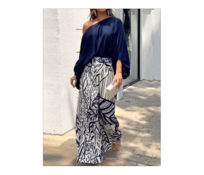 Loose Puff Sleeves Solid Color Off The Shoulder Blouses and Printed Pants Two Pieces Set - Zoom Image 1