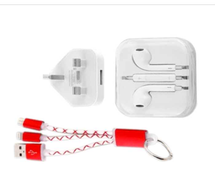 Fashionable 3in1 Earpods Handsfree ring Cable and USB Power Adapter Big Gift Set Red and whiteSC002 - Zoom Image