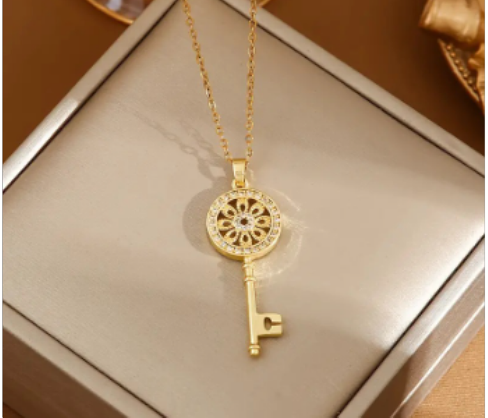 Exquisite Key Flower Pendant Necklace Fashion Versatile Golden Stainless Steel Bamboo Chain Jewelry - Zoom Image