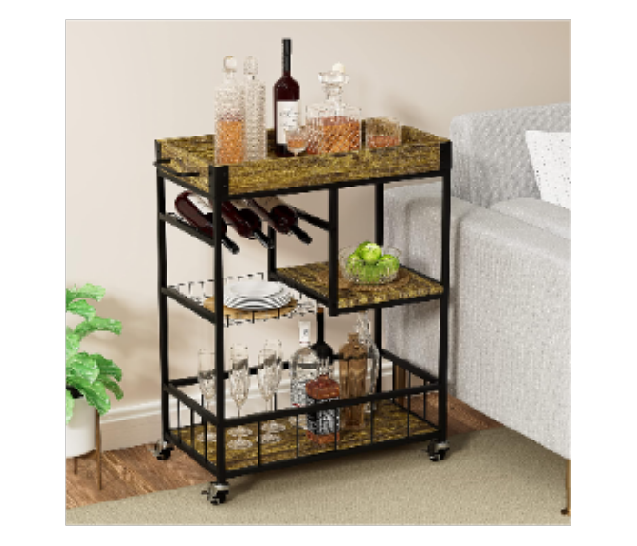 Bar Cart with Basket 3 Tiers Home Rolling Wine Rack with Wheels Industrial Vintage Style - Zoom Image 3