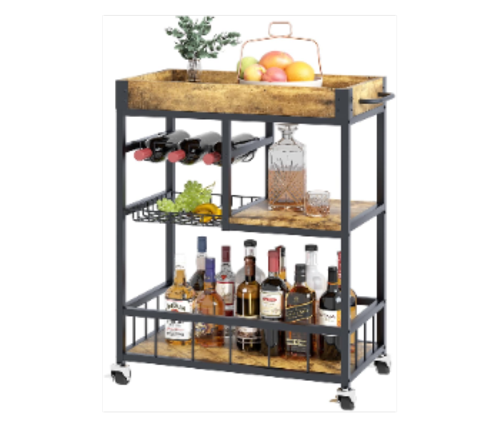 Bar Cart with Basket 3 Tiers Home Rolling Wine Rack with Wheels Industrial Vintage Style - Zoom Image 1