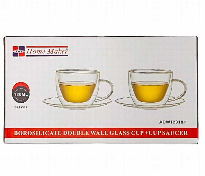 Avci Home Maker ADW12018H Borosilicate Double Wall Glass Cup 180ml 2 Pieces Plus Saucers - Zoom Image 2