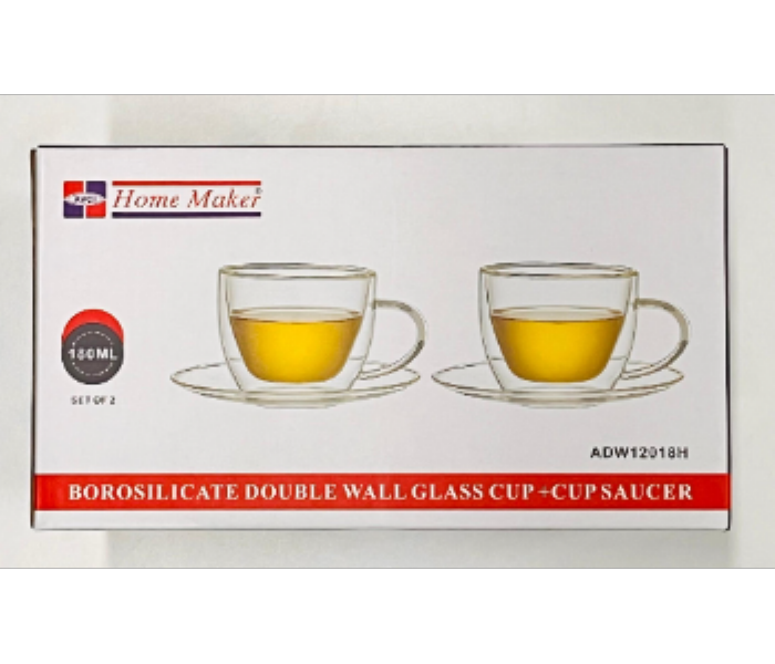 Avci Home Maker ADW12018H Borosilicate Double Wall Glass Cup 180ml 2 Pieces Plus Saucers - Zoom Image