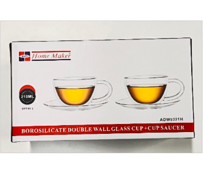 Avci Home Maker ADW5321H Borosilicate Double Wall Glass Cup 210ml 2 Pieces Plus Saucers - Zoom Image