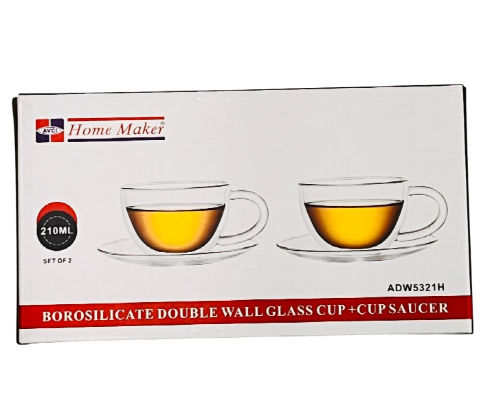 Avci Home Maker ADW5321H Borosilicate Double Wall Glass Cup 210ml 2 Pieces Plus Saucers - Zoom Image 2