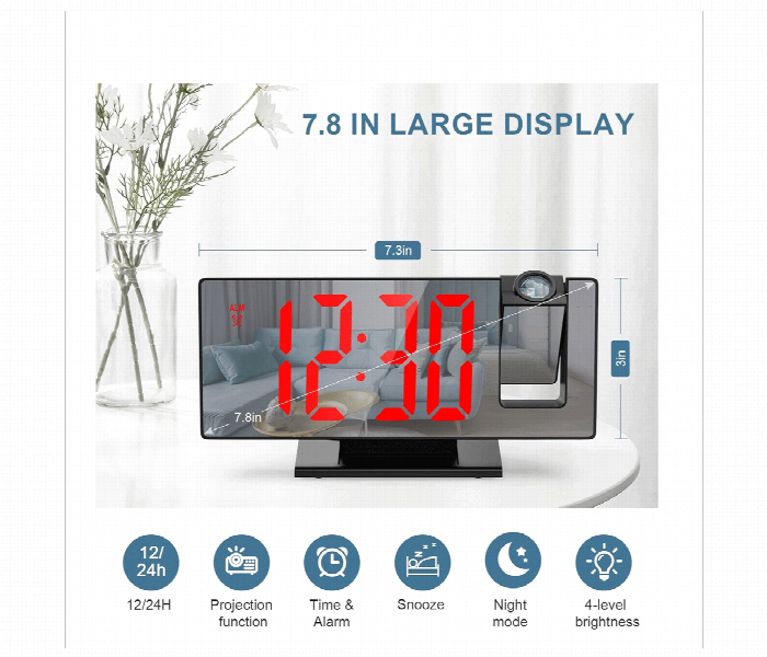 Projection Alarm Clock for Bedroom 4 Level Dimmer 7 8 Large Screen  Snooze Function  12 24H  USB Charging Port - Zoom Image 3