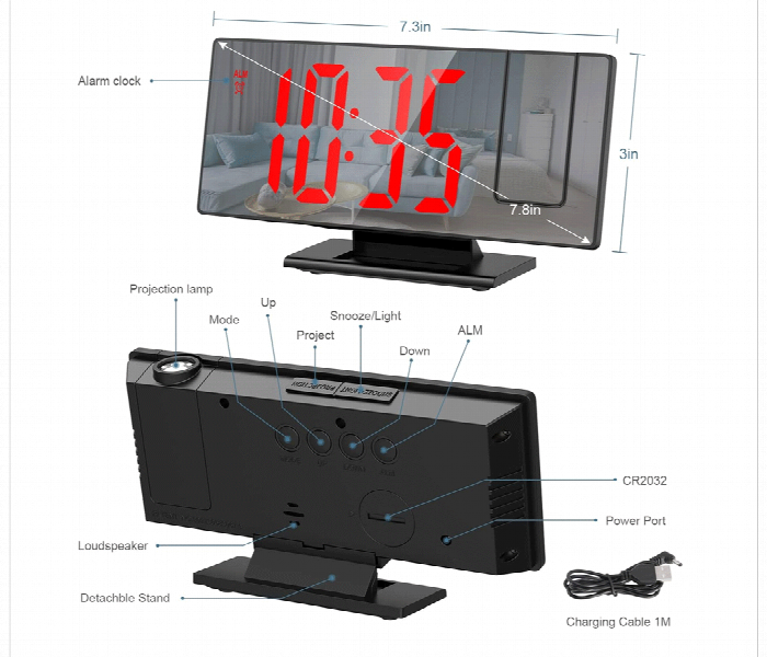 Projection Alarm Clock for Bedroom 4 Level Dimmer 7 8 Large Screen  Snooze Function  12 24H  USB Charging Port - Zoom Image 2