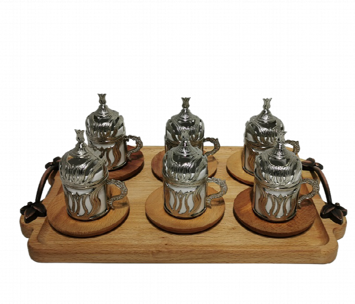 Avci Home Maker MX VDA 74 3 Coffee Set with Wood Tray Silver Gold - Zoom Image 1