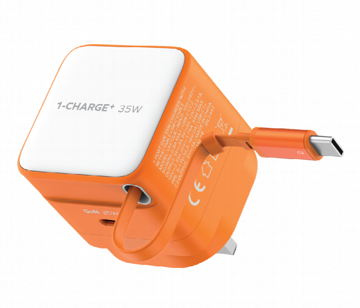 MOMAX 1 CHARGE 35W GAN 1 PORT CHARGER WITH BUILT IN USB C CABLE ORANGE - Zoom Image