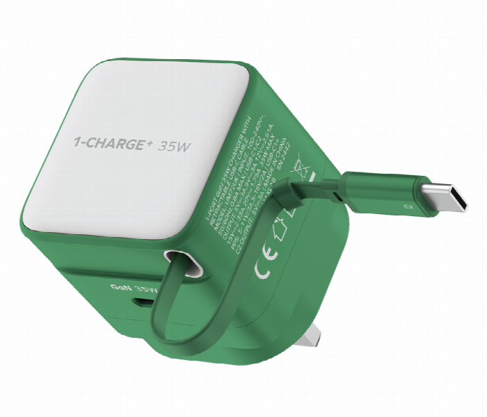 MOMAX 1 CHARGE 35W GAN 1 PORT CHARGER WITH BUILT IN USB C CABLE GREEN - Zoom Image