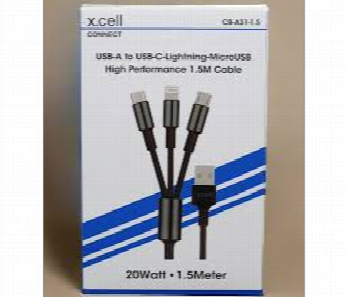 X CELL USB A TO USB C LIGHTINING MICRO USB HIGH PERFORMANCE 1.5M CABLE 3 IN 1 CABLE - Zoom Image 1