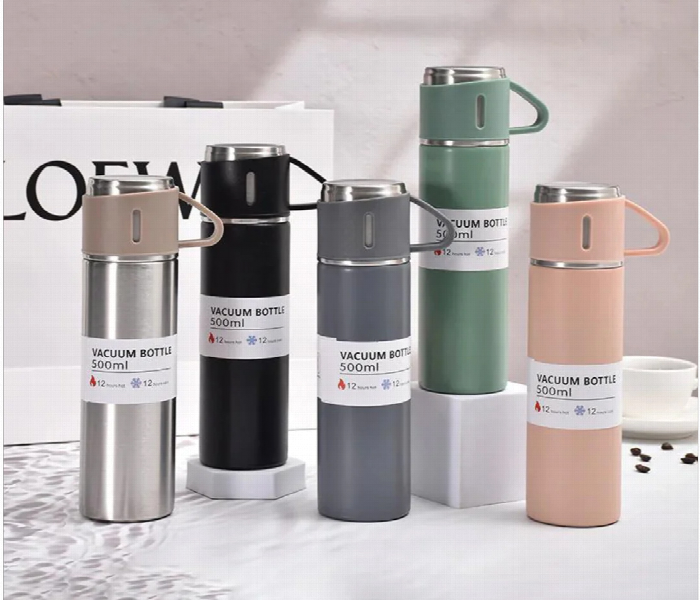 Stainless Steel 500ML Vacuum Flask Set with 3 Steel Cups 12 Hour Heat Storage Green Color 3 Sets - Zoom Image 4