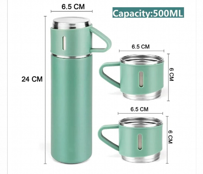 Stainless Steel 500ML Vacuum Flask Set with 3 Steel Cups 12 Hour Heat Storage Green Color 3 Sets - Zoom Image 2