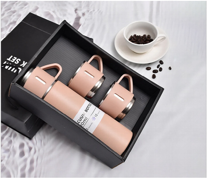 Stainless Steel 500 ML Vacuum Flask Set with 3 Steel Cups and 12 Hour Heat Storage Pink Color 3 set - Zoom Image 2