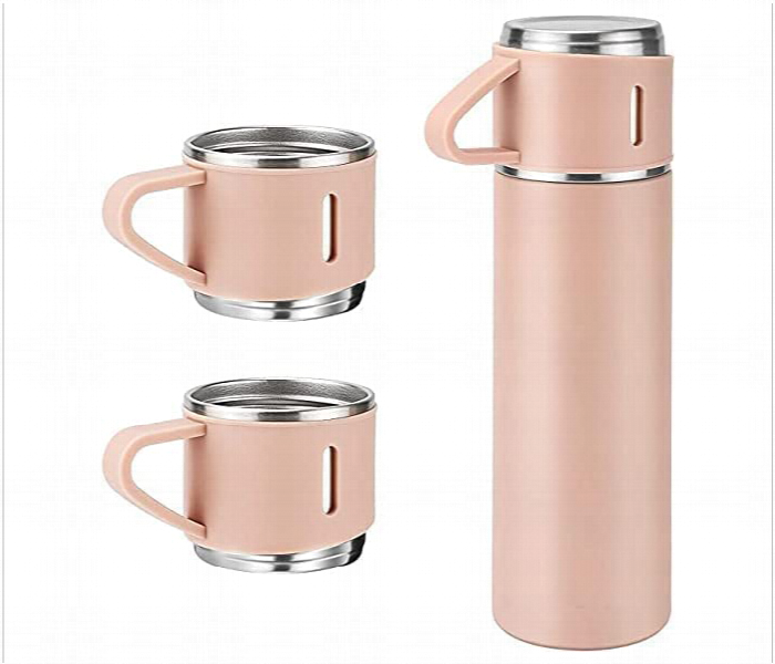 Stainless Steel 500 ML Vacuum Flask Set with 3 Steel Cups and 12 Hour Heat Storage Pink Color 3 set - Zoom Image 1