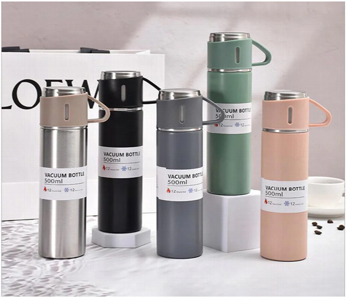 Stainless Steel 500 ML Vacuum Flask Set with 3 Steel Cups and 12 Hour Heat Storage Pink Color 3 set - Zoom Image 5