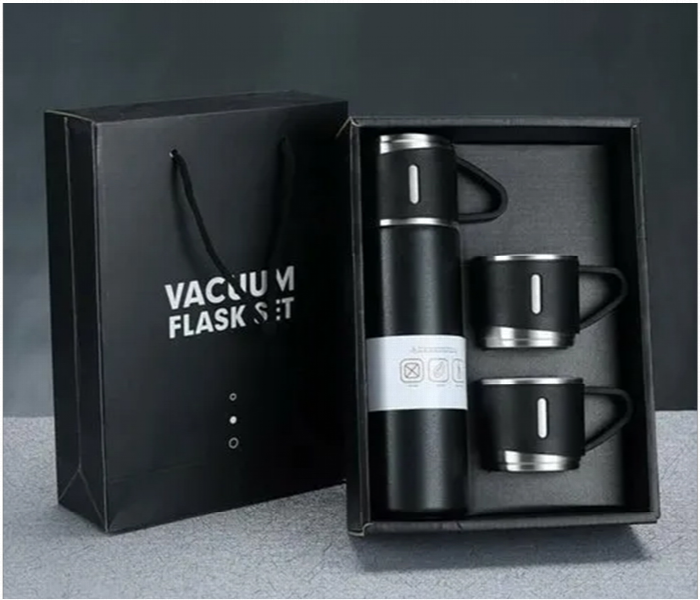 Stainless Steel 500ML Vacuum Flask Set with 3 Steel Cups 12 Hour Heat Storage Black Color 3 Sets - Zoom Image 1