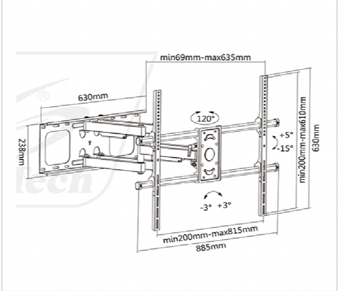 Skill Tech SH 860P Dual Arm Full Motion TV Wall Mount 50 to 90 Inch 75KG VESA 800x600 - Zoom Image 2