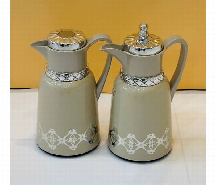 Flask Set 2Pcs Beige Silver Design FK13 A BES - Zoom Image