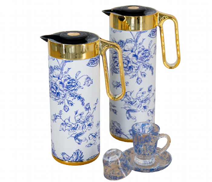 Flask Set 2Pcs Blue Flower Gold FK22 BFG - Zoom Image