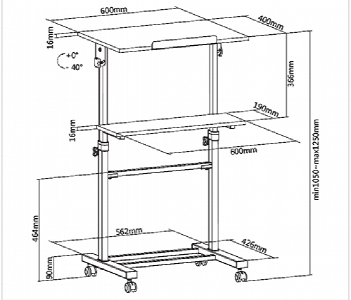 Skill Tech WST 01A Height Adjustable Mobile Workstation 40KG Height 820 to 1260MM Free Standing Ergonomic Mount - Zoom Image 2